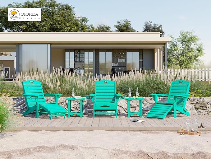 Ciokea Folding Adirondack Chair Set of 6 with Retractable Ottoman Fire Pit Patio Chair with Pull Out Foot Rest Weather Resistant Lawn Outdoor Chair with 2 Cup Holder (Lake Blue)