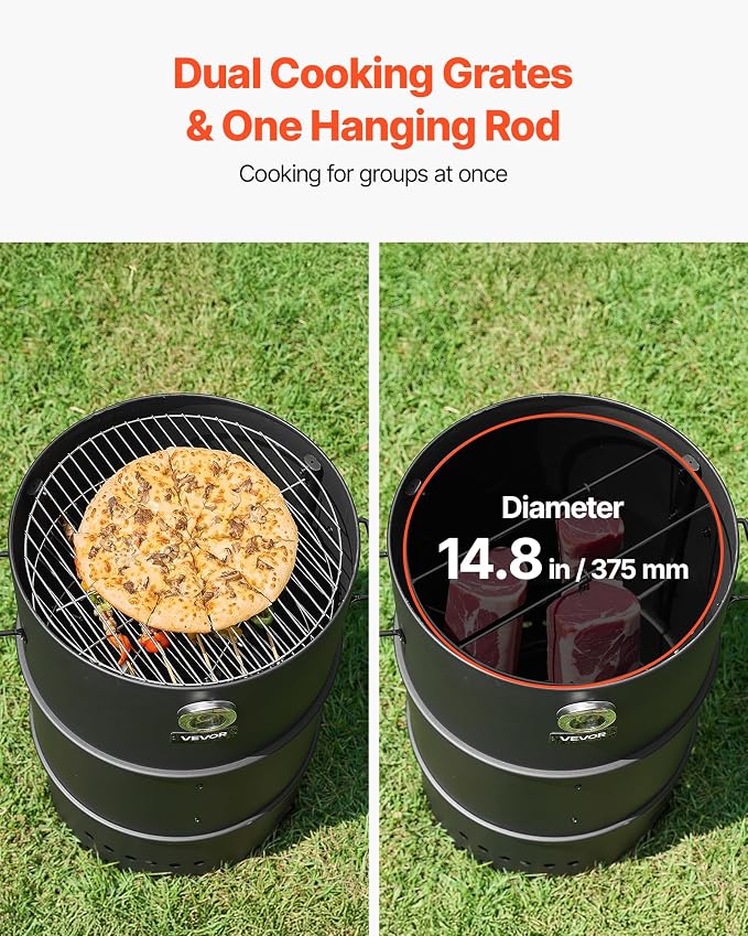 VEVOR Charcoal Smoker Grill, 18.5" Barrel Charcoal BBQ Smoker, Coated Steel Outdoor Barbecue Grill with 2 Grilling Grates, 1 Hanging Rod, 6 Hooks & Thermometer, Ideal for Party Backyard Patio Cooking