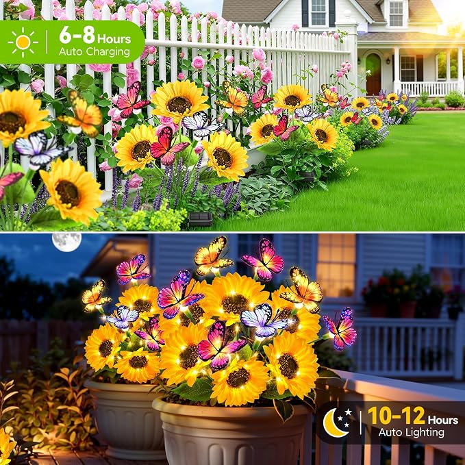 6 Pack Solar Garden Lights Outdoor, Sunflower Solar Lights with Butterfly IP65 Waterproof, Solar Flower Lights for Yard Patio Garden Decor, Auto On/Off Solar Sunflowers Decorative, Gifts for Mom Women
