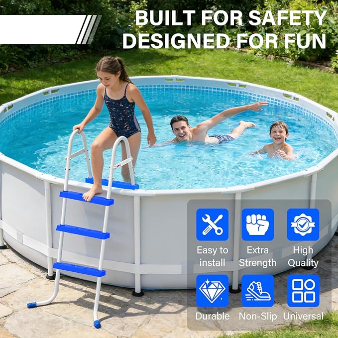 Heavy Duty Steel Frame Swimming Pool Ladder for Above Ground Pools, 3-Step Double-Sided Pool Stairs for 36" Height Pools, 450lbs Capacity with Anti-Slip Rubber Feet & Wide Steps