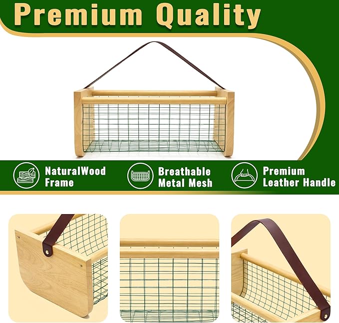 Garden Hod Harvest Basket, 16 x 10 x 7in Gardening Harvest Baskets with Leather Handle, Solid Wood with PVC Wire Mesh, Garden Baskets for Gathering Vegetables