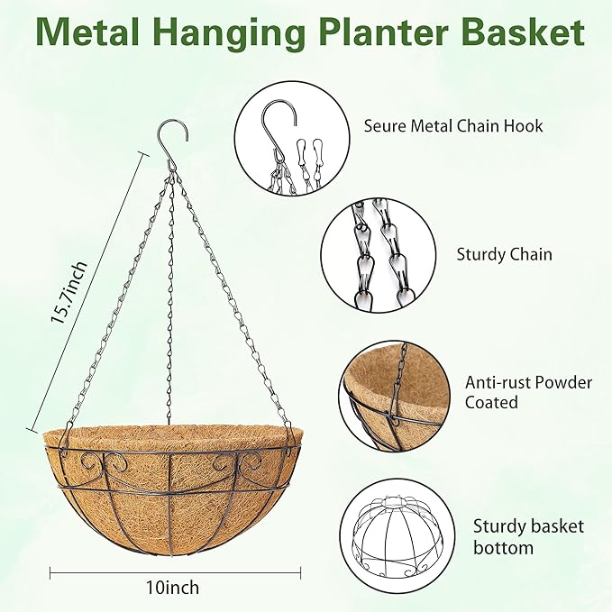 4 Pack 10 Inch Hanging Baskets for Plants Outdoor - Metal Hanging Planters for Outdoor Plants with Coco Liners - Heavy Duty Empty Hanging Flower Pots for Porch Patio Garden