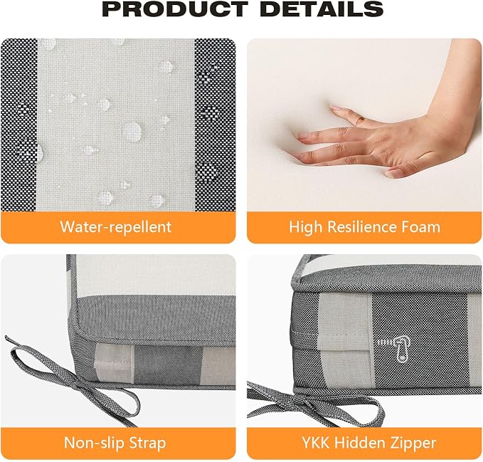 Unimatta Square Corner Seat Cushions, 18.5" x 16" x 3", Set of 4, Indoor Outdoor Water Repellent Universal Chair Pads with Ties for Patio Furniture, Garden Deck Dining Chairs, Gray Stripe