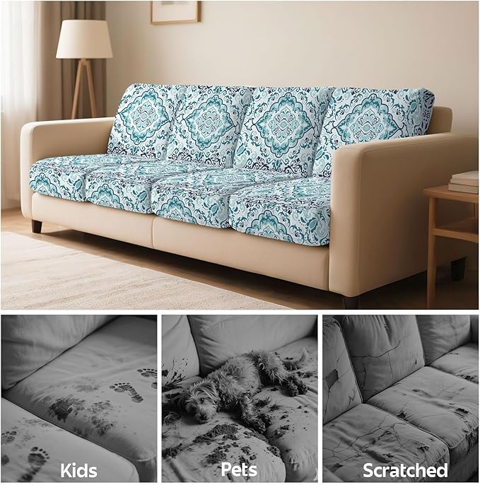 pickyNproud 8Pcs Patio Cushion Covers Stretch Outdoor Couch Cushions Slipcovers Replacement Washable Furniture Protector with Elastic Bottom Sofa Chair Seat Cover, Teal Flowers