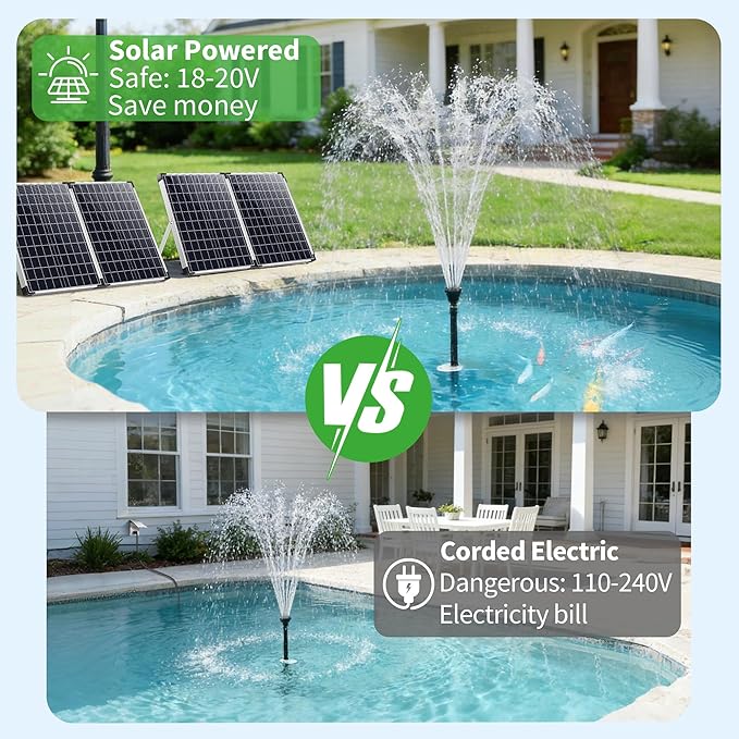 POPOSOAP 100W Solar Water Fountain Pump, 1200GPH Adjustable Flow & Dry-Run Protection Pond Pump, Dual Solar Panels, 3 Spray Nozzles, Solar Fountain Pump Kit for Outdoor Ponds, Water Garden P1100