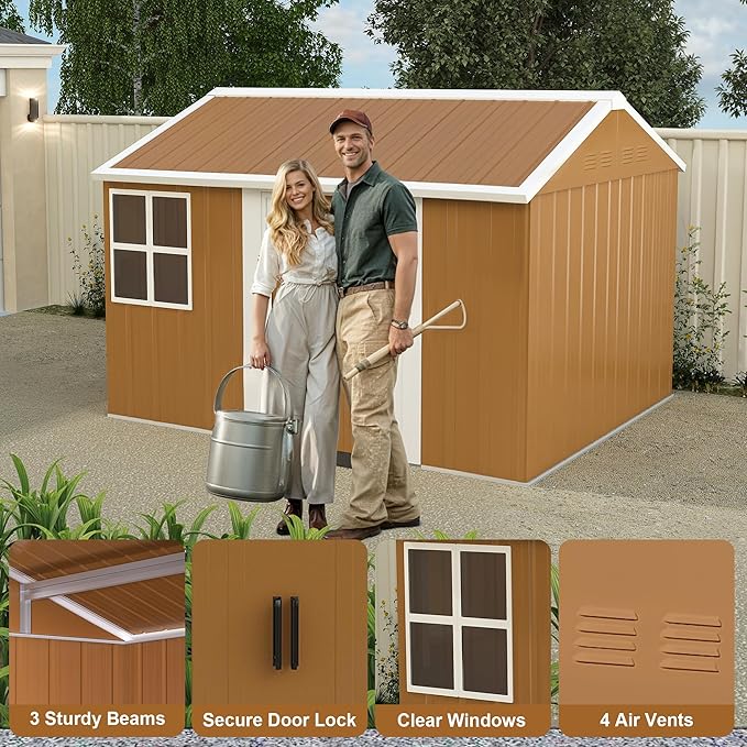 YOPTO 8x10 FT Outdoor Storage Shed,Metal Shed W/Lockable Doors,Windows & 4 Air Vents,Weatherproof Garden Tool House W/Sloped Roof,for Backyard,Lawn,Tool Organization,Brown