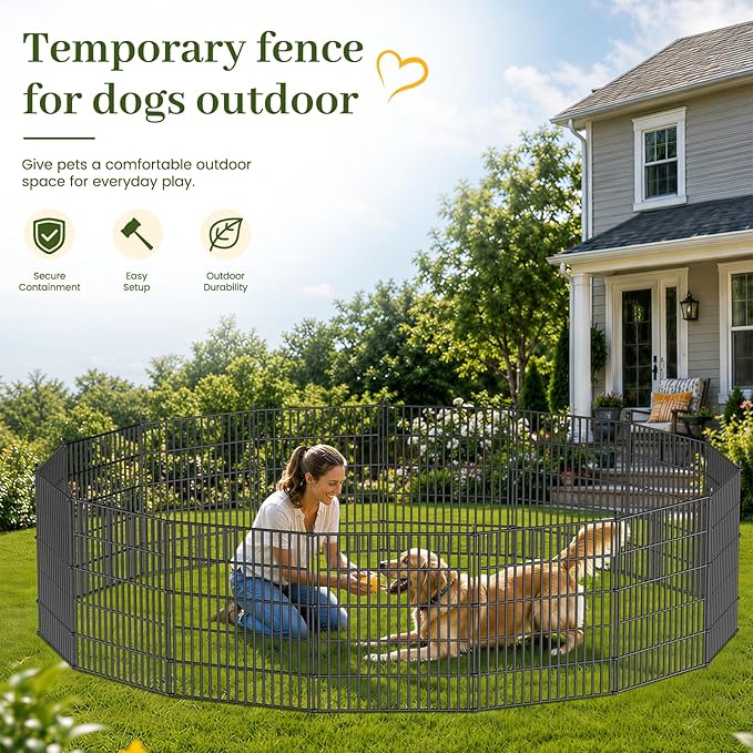 15 Panels No Dig Decorative Outdoor Garden Fence with Gate for Yard, 32 in(H) X 35.4 ft(L) Animal Barrier Fencing Rustproof Metal Wire Panel Border for Dog, Rabbits, and Patio Temporary Ground Stakes