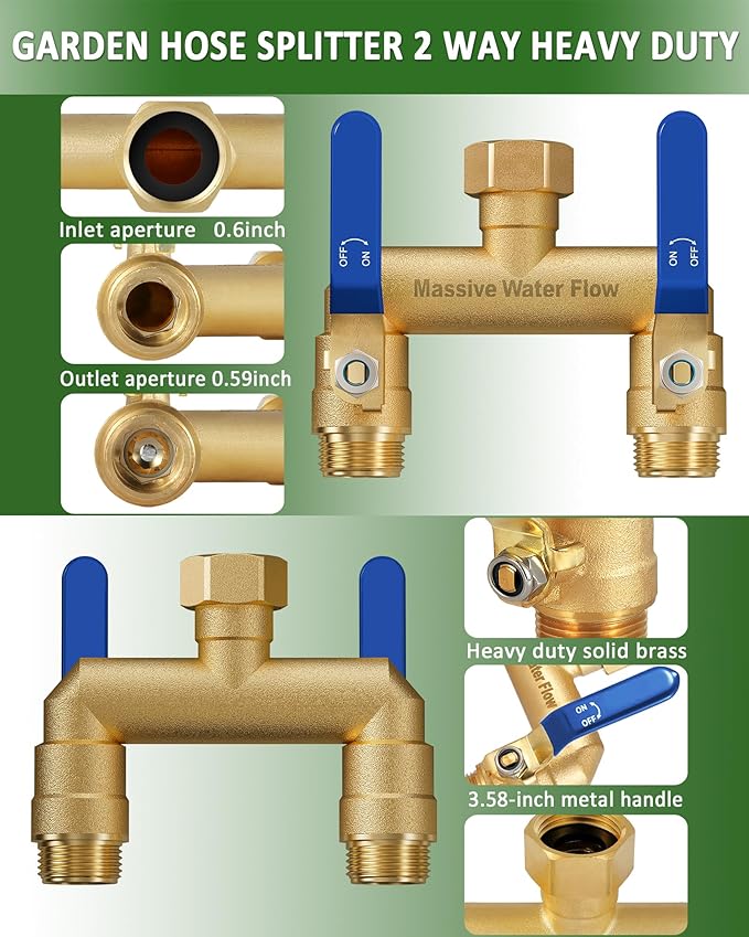 Hose Splitter 2 Way Heavy Duty, Full Flow Garden Hose Splitter with 2 Long Metal Handles, Brass Rust and Freeze Resistant Water Hose Bib Splitter, T Adapter Connector with 3/4 - Inch GHT Thread（Blue）