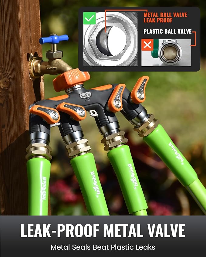 RAINPOINT 4 Way Garden Hose Splitter, 100% Metal Heavy Duty Water Hose Splitter with Individual Shut-Off Valves, 3/4" GHT High Flow Outdoor Faucet Splitter, 1.81" Extra Long Handle (Orange)