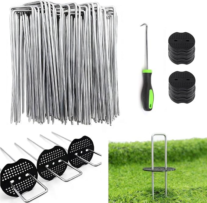 10 Inch 100 PCS Galvanized Landscape Staples with 100 PCS Gasket, Landscape Fabric Pins Stakes Lawn Ground Cover Graden Staples Spikes Weed Barrier Stakes