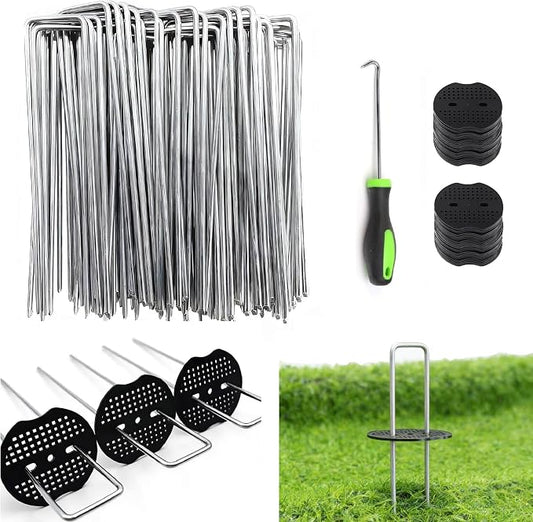 10 Inch 100 PCS Galvanized Landscape Staples with 100 PCS Gasket, Landscape Fabric Pins Stakes Lawn Ground Cover Graden Staples Spikes Weed Barrier Stakes