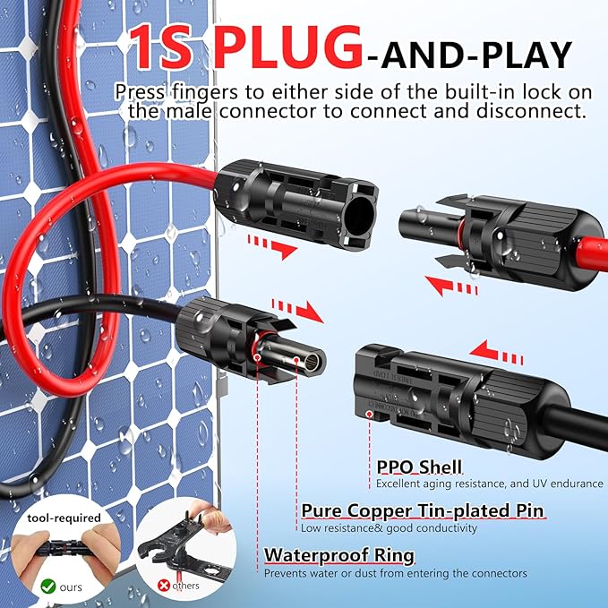 Vansdon 2x30 Feet Solar Panel Extension Cable, 12AWG Solar Cable, Solar Panel Cable with Female and Male Waterproof Connectors for RV, Photovoltaic Systems (30FT Red + 30FT Black)