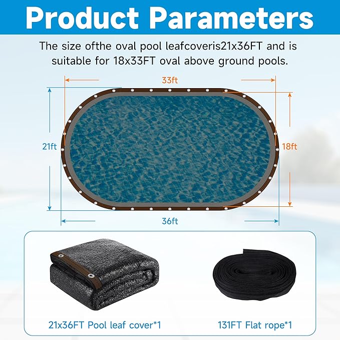 Pool Leaf Net Cover 18x34 Oval Above Ground, Black Mesh Swimming Pool Net Cover with Winch & Cable, Heavy-Duty Tear Resistant UV-Protected Weatherproofa (Black, Oval-18FTX34FT)