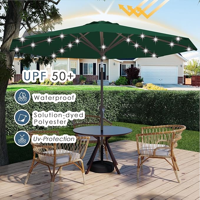 9FT Patio Umbrella with Solar Lights,Outdoor Market Umbrella with Tilt and Crank, LED Lighted Table Umbrella for Garden,Deck,Backyard,Pool,Beach