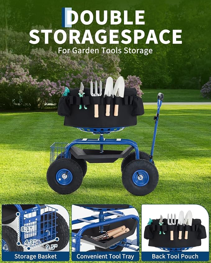 Rolling Garden Work Seat with Wheels, 360° Swivel Seat Gardening Cart with Extendable Steering Handle, Tool Tray and Storage Basket, 300 lbs Capacity, Gardening Stools for Patio, Yard, and Outdoors