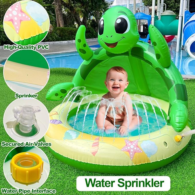 Baby Pool Toddler Sprinkler Water Play Mat, Turtle Baby Pool Float Sprinkler for Kids- Inflatable Kiddie Pool with Canopy Outdoor Water Toys for Summer Play Center Backyard Water Activity Games