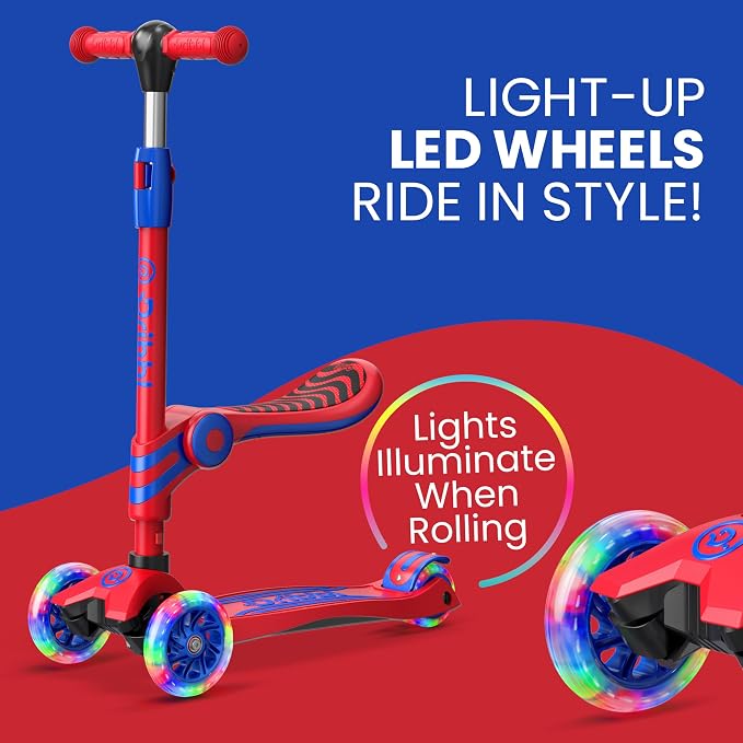 Red and Blue 3 Wheel Scooter with Seat for Kids, Light-Up Wheels, Adjustable Lean to Steer Handlebar and Seat, Smooth Wheels, Wide No-Slip Deck, Rear Foot Brake, Toddler Outdoor Toys for Ages 2+