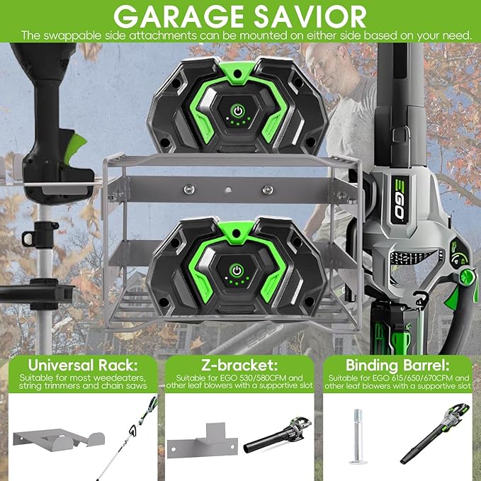 Power Tool Organizer Wall Mount - Heavy Duty Weed Eater Hanger for Garage Organization, Cuboid Garage Storage Rack for EGO Leaf Blower, Trimmer, Chainsaw, Edger, Battery, Charger, 180lbs Load Capacity