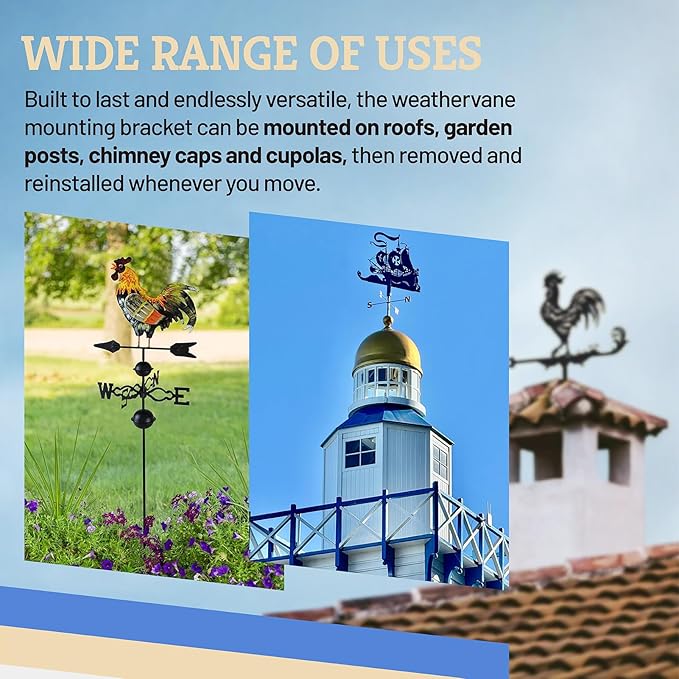 Adjustable Weathervane Roof Mount, 401AL Sturdy Mounting Bracket Fits Good Directions Standard Size Weathervane Pole Up to 3/4" Diameter