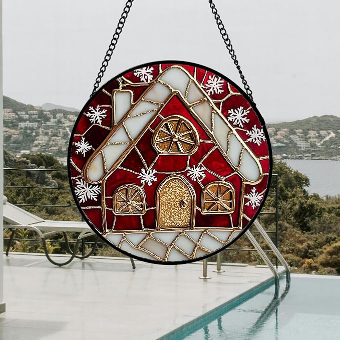 DASTOLL Stained Glass Window Hanging 4 Pcs Set Red Christmas Themed Decorations 9.8" - Suncatcher Door Garden Sun Catcher Decor Birthday New Year for Mom Woman Nana Men