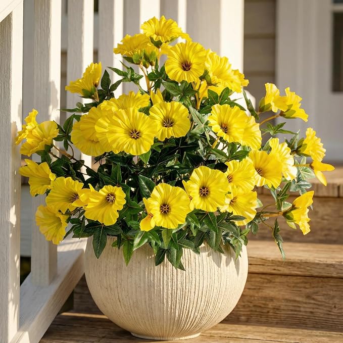Yellow Artificial Morning Glory Flowers for Outdoor Planters, Premium UV Resistant Silk Faux Flowers for Porch, Hanging Basket & Window Box, Spring Garden Decor, No Pot, 13.3 Inch, 4 Bundles