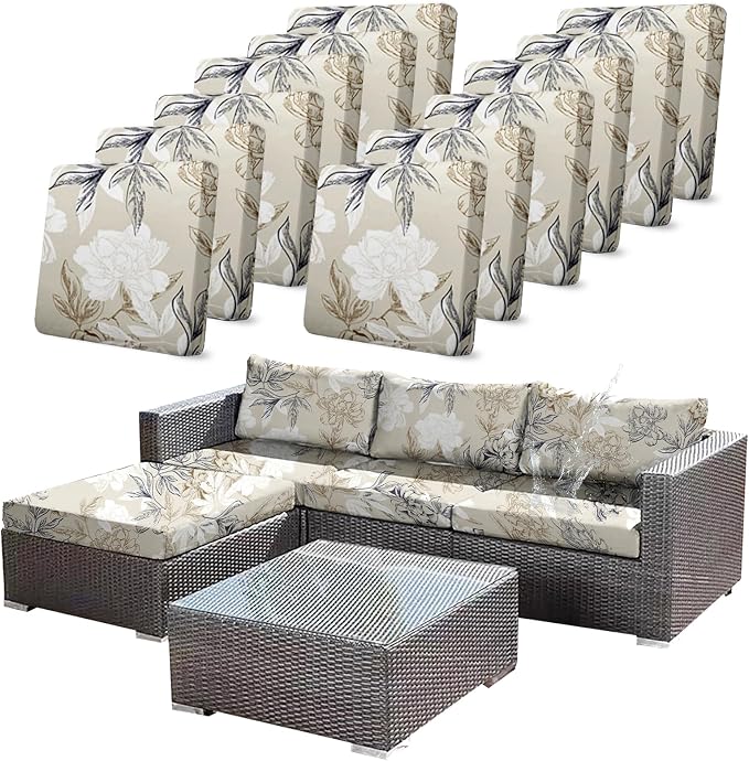 CALBODE 12Pcs Outdoor Stretch Cushion Covers,Waterproof Outdoor Chair Floral Cushion Covers for Patio Furniture, Washable Beige Couch Covers Replacement for Patio Furniture