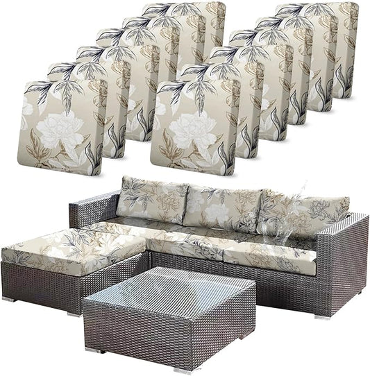 CALBODE 12Pcs Outdoor Stretch Cushion Covers,Waterproof Outdoor Chair Floral Cushion Covers for Patio Furniture, Washable Beige Couch Covers Replacement for Patio Furniture