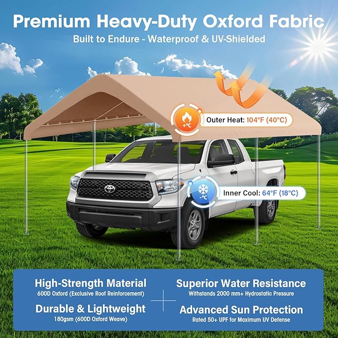 10x20FT Canopy Replacement Cover, Carport Replacement Canopy for 10' x 20' Frame, 800D Oxford Waterproof & UV Protected Tarp with Ball Bungees (Frame is not Included) (Beige)