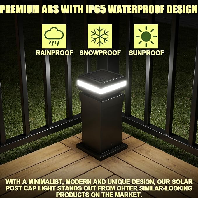 4-Pack Solar Fence Post Cap Lights, IP65 Waterproof for 2"x2" & 3"x3" Posts (5x5cm & 8x8cm), Outdoor Wall & Deck Lighting with Warm White/Cool White