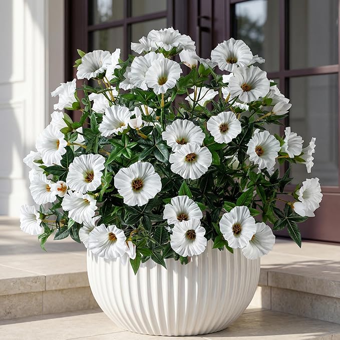 White Artificial Morning Glory Flowers for Outdoor Planters, UV Resistant Silk Faux Flowers for Hanging Basket, Porch & Window Box, Lifelike Farmhouse Garden Decor, No Pot, 13.3 Inch, 4 Bundles