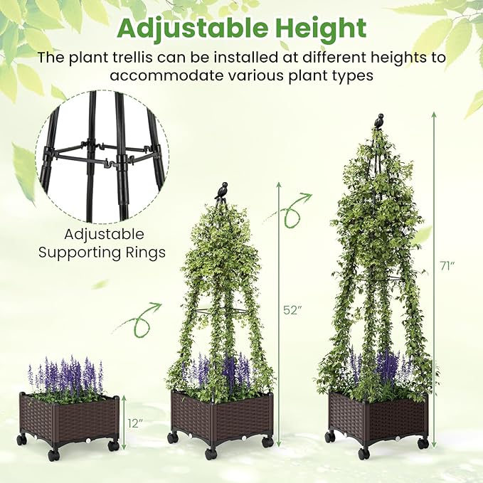HAPPYGRILL 71" Garden Trellis for Climbing Plants, Self-Watering Raised Garden Bed w/Obelisk Trellis, Lockable Wheels, Adjustable Height, Indoor Outdoor Vertical Planter Box for Flower, Vine (1)