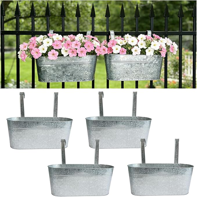 Balcony Galvanized Hanging Planters Railing Flower Pots, Outdoor Metal Fence Planter Pot with Detachable Hooks Drain Hole for Garden Patio Yard Decor (17 Inch, 4Pcs)