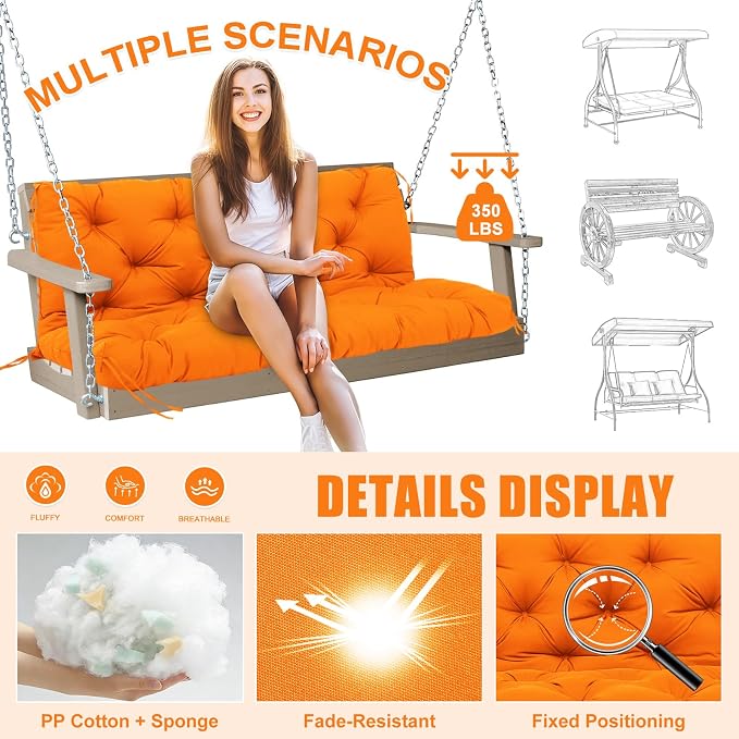 Porch Swing Cushions Outdoor 60 inch x 40 Waterproof Swing Cushions 3 Seater Replacement with Backrest & 8 Ties 5" Thick Bench Swing Cushions for Outdoor Furniture Patio(Orange)