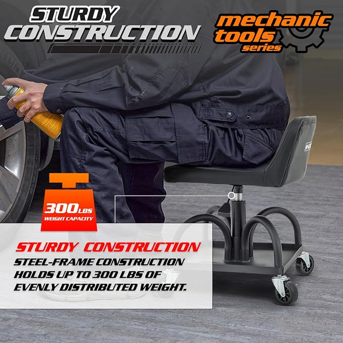 M-AUTO Padded Seat Garage Stool on Wheels, 16”-21” Height Adjustable Swivel Mechanics Seat with Tool Tray Storage for Garage and Garden, 300lbs Capacity