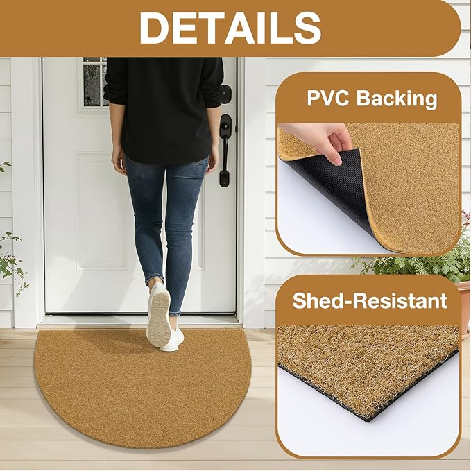 OLANLY Half Circle Front Door Mat, Low Profile Doormat, Stain and Fade Resistant, Easy to Clean, for Indoor and Outdoor Entrances, Patio Porch or Entryway, Brown (35x23 Inch, Plain Brown)