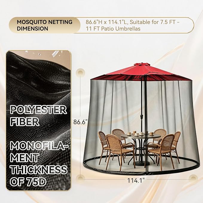 9-11 FT Outdoor Mosquito Netting for Patio, Windproof Universal Umbrella Mosquito Net for Patio Garden Backyards, Polyester Mesh Outdoor Umbrella Screen with Zipper (Black)