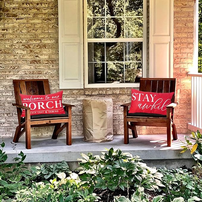 TAJWE Red Outdoor Pillow Covers Waterproof 12x20 Set of 2 Decorative Welcome to Our Porch Stay Awhile Cushion Cases for Patio Furniture Sofa Couch Decor