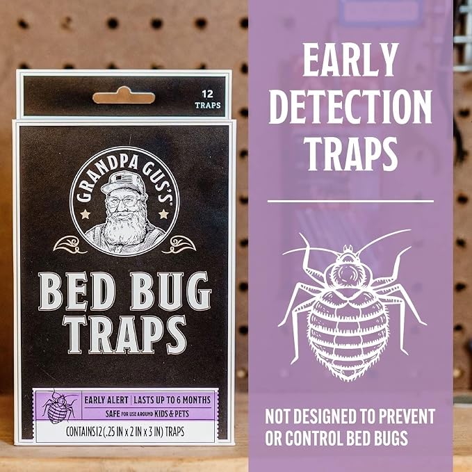 Grandpa Gus's Bed Bug Trap - Glue Traps for Mattress, Home and Travel - Early Detection, Patented Crush-Proof Design, Non-Toxic, Lasts Up to 6 Months, Pack of 12