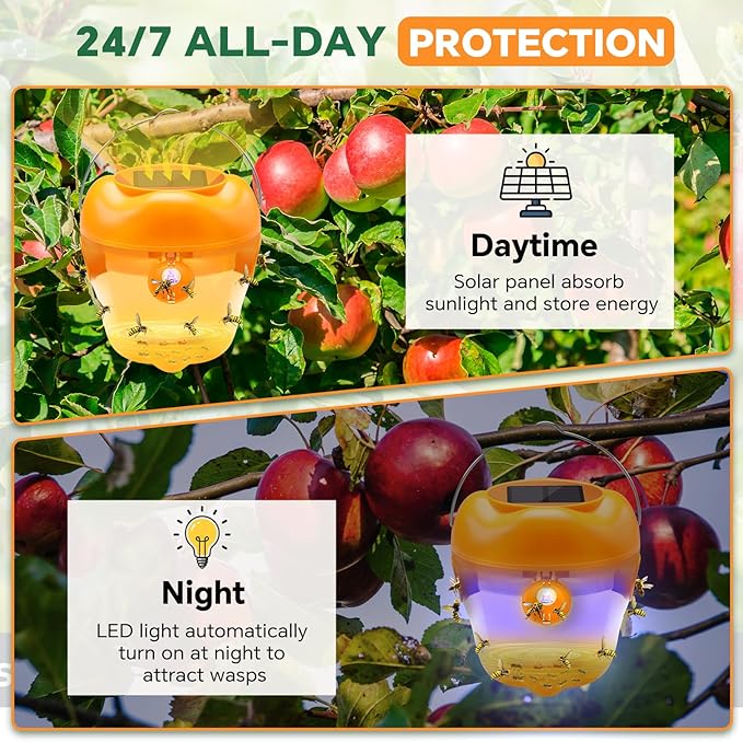 Wasp Trap, Solar Wasp Traps Hanging, Reusable Yellow Jacket Trap with LED Light, Wasps Killer, Bee Hornet Traps for Outside Orchard, Farm, Garden, Patio, Courtyard (4, Yellow)