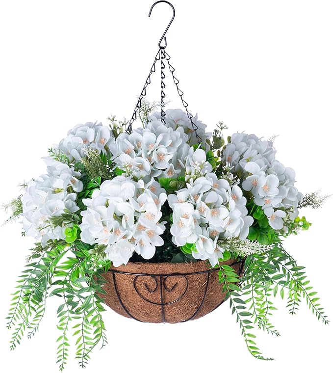 Ammyoo Artificial Flowers in Hanging Basket Planter for Home Spring Summer Decoration, Silk Hydrangea Outdoor Indoor Arrangements, 12" Metal Coconut Lining Basket with Faux Plant(Light Green)