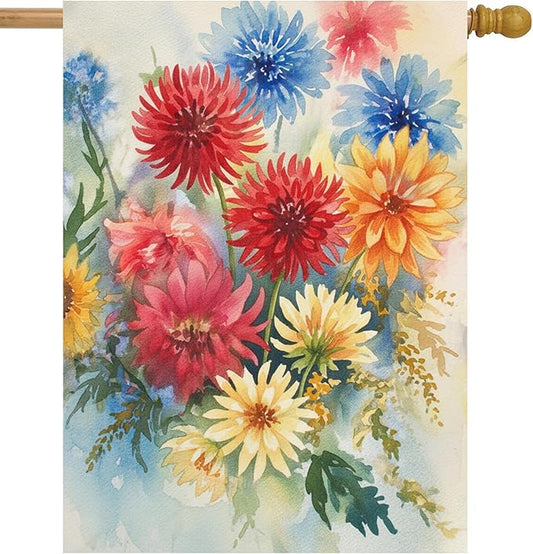 Seasonal Watercolor Summer Spring Floral Flowers Colorful Dahlias House Flag 28 x 40 Inch, Double Sided Large Garden Yard Welcome Flags Banners for Home Lawn Patio Outdoor Decor