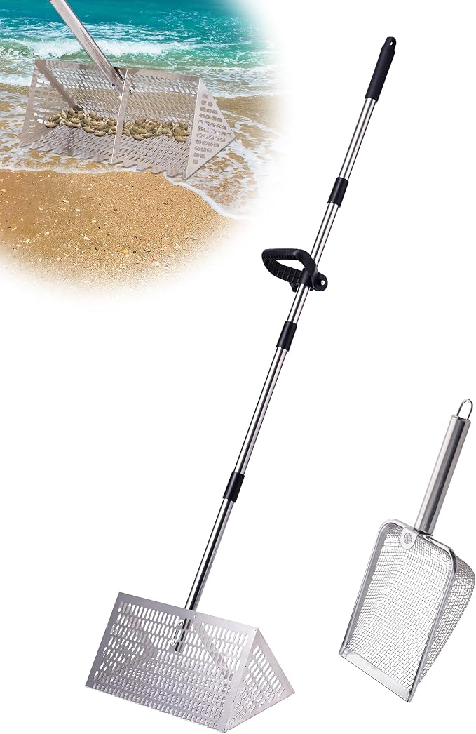 Sand Flea Rake 16" Wide - Detachable 54" Handle with Shark Tooth Screen - Steel Beach Rake for Fishing Bait, Shelling, Yard Cleaning