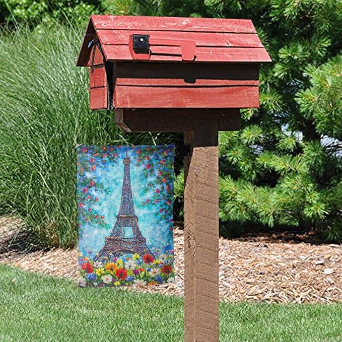 Delerain Eiffel Tower Spring Flowers Garden Flag, 12.5 x 18 Inch Double Sided Design Weather Resistant Indoor & Outdoor Decoration Small Banner For Home Yard Lawn Patio Office