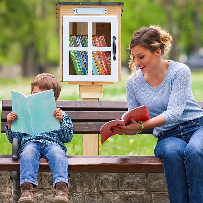 Outdoor Book Sharing Box: Natural Wood Library with Reinforced Waterproof Roof, DIY Book Sharing Storage Box for Outside Neighborhoods Community Schools (Wood Sloped Roof)