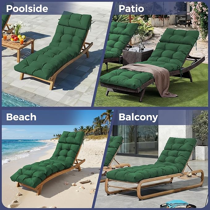 Outdoor Chaise Lounge Cushions 75.1x22.8x4.7 Inch, Waterproof Lounge Chair Cushions for Pool, Patio, Deck, Lawn, Fade Resistant Lounge Cushions for Outdoor Furniture, Forest Green, Set of 2