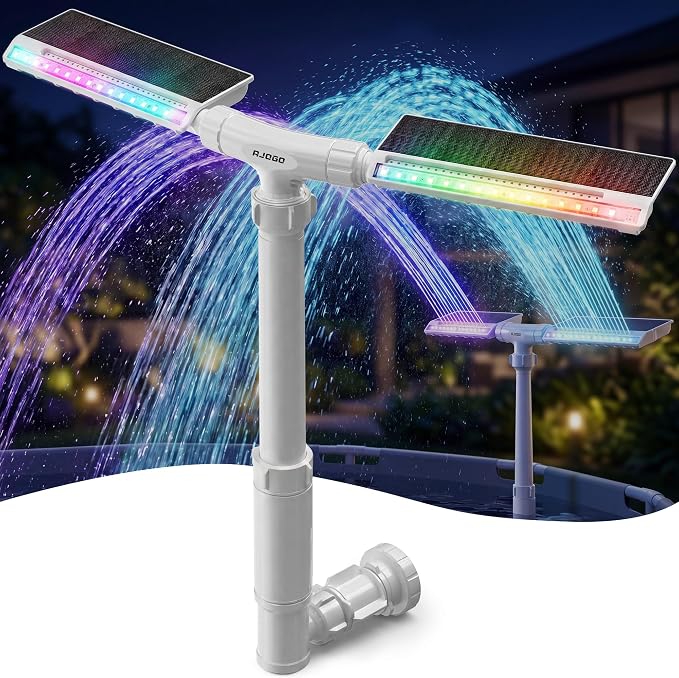 Solar Pool Fountain with Lights for Inground & Above Ground Pools — Dual-Powered Rechargeable, 10-Color Dynamic LED Waterfall, 15°F Cooling Aerator (White)