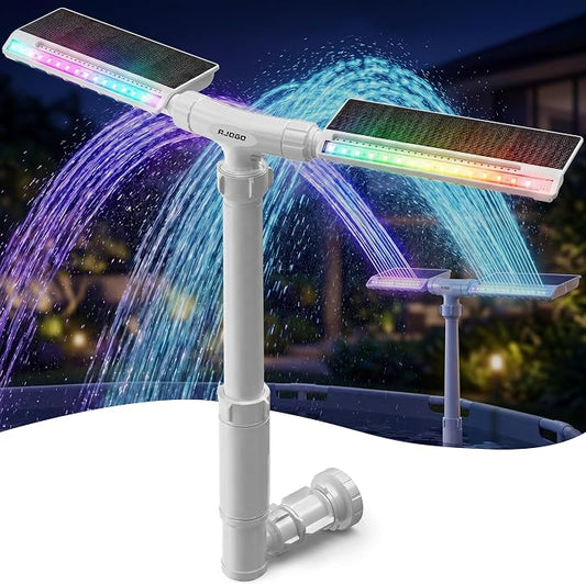 Solar Pool Fountain with Lights for Inground & Above Ground Pools — Dual-Powered Rechargeable, 10-Color Dynamic LED Waterfall, 15°F Cooling Aerator (White)