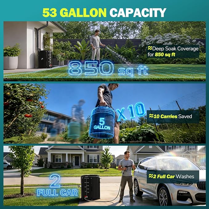 SKM Collapsible Rain Barrel, 53 Gallon Portable Rain Water Collection System to Collect Rainwater from Gutter, Foldable Water Storage Tank with Spigot for Garden, Lawn & Outdoor Plant Watering, Black