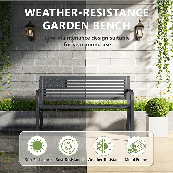 Outdoor Garden Bench with Classic Stars and Stripes Metal Backrest 2 Pack, Metal Bench, 2-Person Patio Bench for Outside Seating, Cast Iron Steel Porch Yard Lawn Furniture, Black