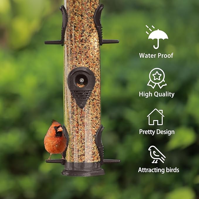 MIXXIDEA 2PK Metal Bird Feeders with 6 Feeding Ports,Tube Bird Feeder with Steel Hanger,Hard Plastic Wild Bird Feeder for Outdoors Hanging, Attracting Birds in Your Lawn, Garden, Balcony (Coffee)